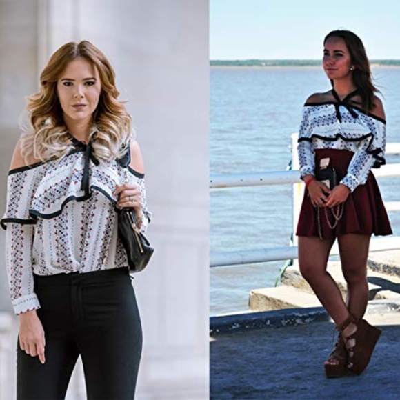 ❗️SOLD❗️Printed Bow Neck Off the Shoulder Top - Picture 4 of 5